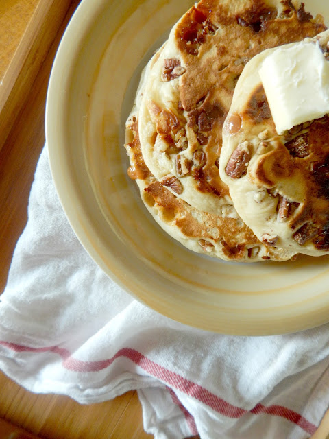Caramel Pecan Pancakes...we love caramel pecan sticky buns, why not combine that into a pancake!  Sweet, salty and delicious! (sweetandsavoryfood.com)