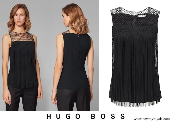 Queen Letizia wore HUGO BOSS fringed crepe macrame detail dress