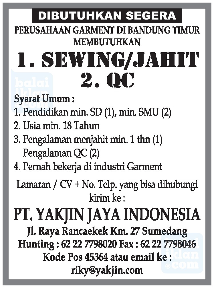 Lowongan Kerja Pt Yakjin Jaya Indonesia 2019 - Info ...