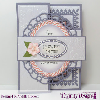 Divinity Designs Stamp Set:Peach Branch, Custom Dies: Half-Shutter Card with Layers, Belly Band, Bitty Blossoms, Layered Lacey Ovals, Ovals, Embossing Folder: Flourishes