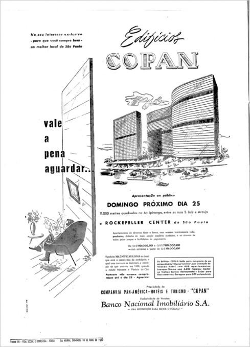 Propaganda de lançamento do projeto do Edifício Copan, nos anos 60. Campanha faz comparação com o Rockefeller Center, de Nova Iorque.