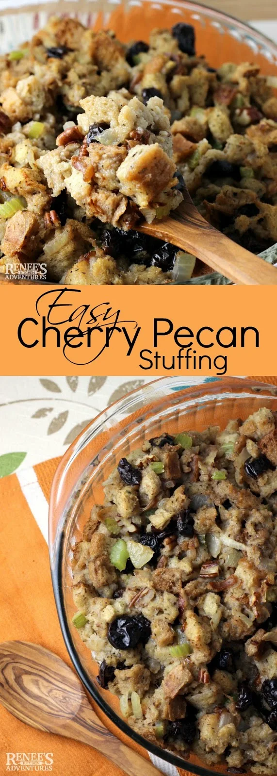 Easy Cherry Pecan Stuffing | by Renee's Kitchen Adventures - Easy recipe for stuffing or dressing made with tart dried cherries and crunchy pecans perfect side dish for chicken, turkey, pork, or beef! Makes a great holiday side dish! #stuffing #easyrecipe #dressing #driedcherries #pecans #Thanksgiving #Holidaysidedish 