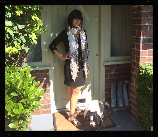 My Midlife Fashion, Pom pom edged zara scarf, mango studded sandals, Wallis tunic dress