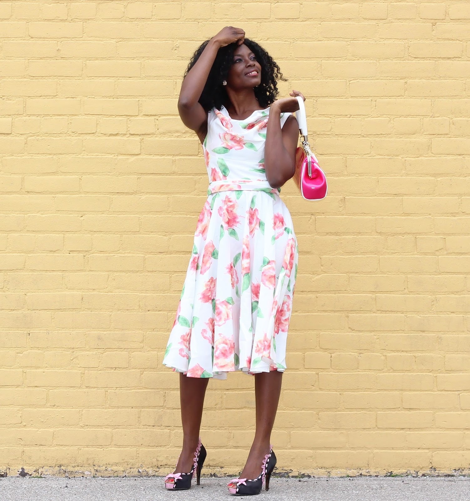Iconic Pink and Floral Scoop Neck Belted Swing Dress, Retro Style Raspberry Pink Floozy Kiss Lock Purse, Black and Pink Peep Toe Ruffle Liberia Heels by Unique Vintage