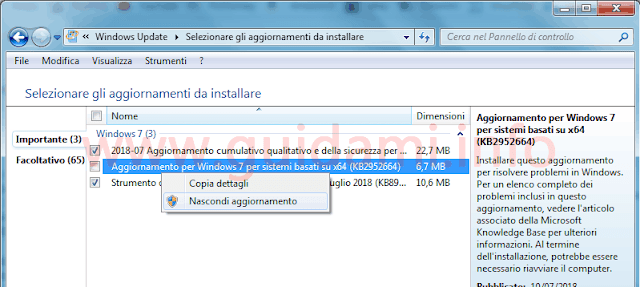 Windows Update in Windows 7 nascondere aggiornamento KB2952664