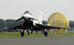 Typhoon fighter jet deploys a brake parachute