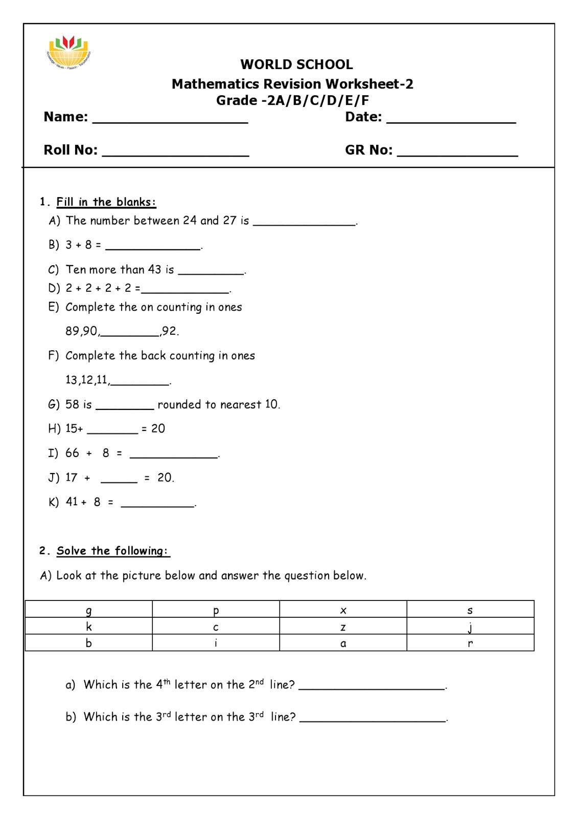 WORLD SCHOOL OMAN Math Revision for Grade 2 as on 03012019