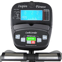 Easy-to-use console with Blue backlit LCD display on Inspire Cardio Strider CS3 and CS2 recumbent elliptical, shows time, RPM, Watts, distance, calories, heart-rate, autoscan