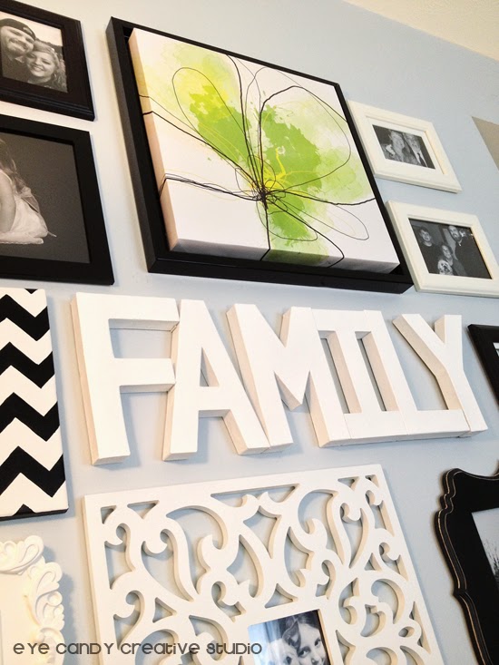 family, word art, paper mache letters, DIY craft, black and white gallery wall