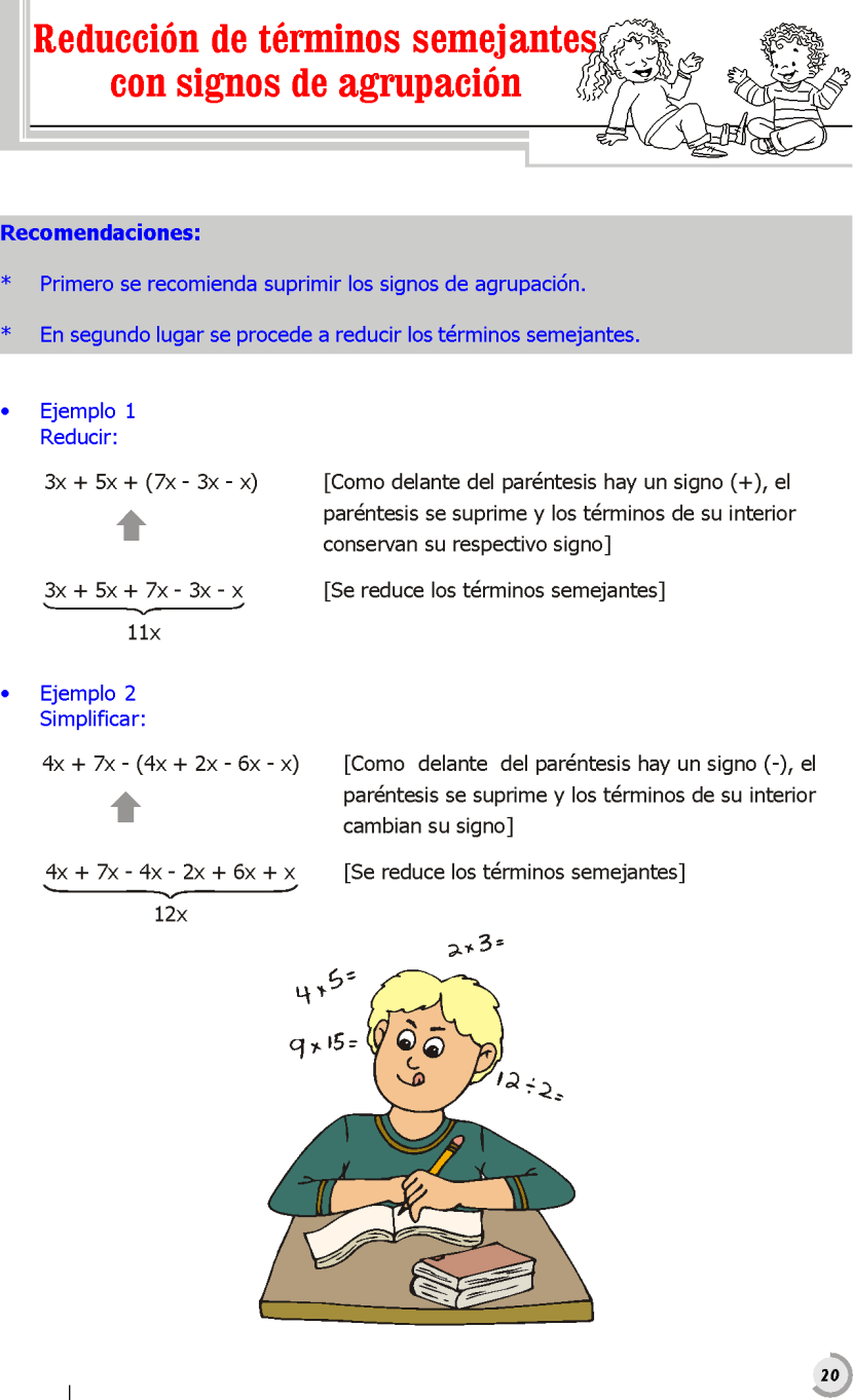 REDUCCIÓN DE TÉRMINOS SEMEJANTES CON SIGNOS DE AGRUPACIÓN EJEMPLOS