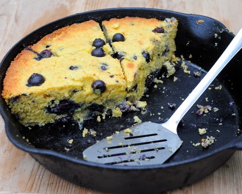 Summer Corn Bread with Fresh Blueberries, a real seasonal treat, a skillet of warm corn bread studded with fresh blueberries.