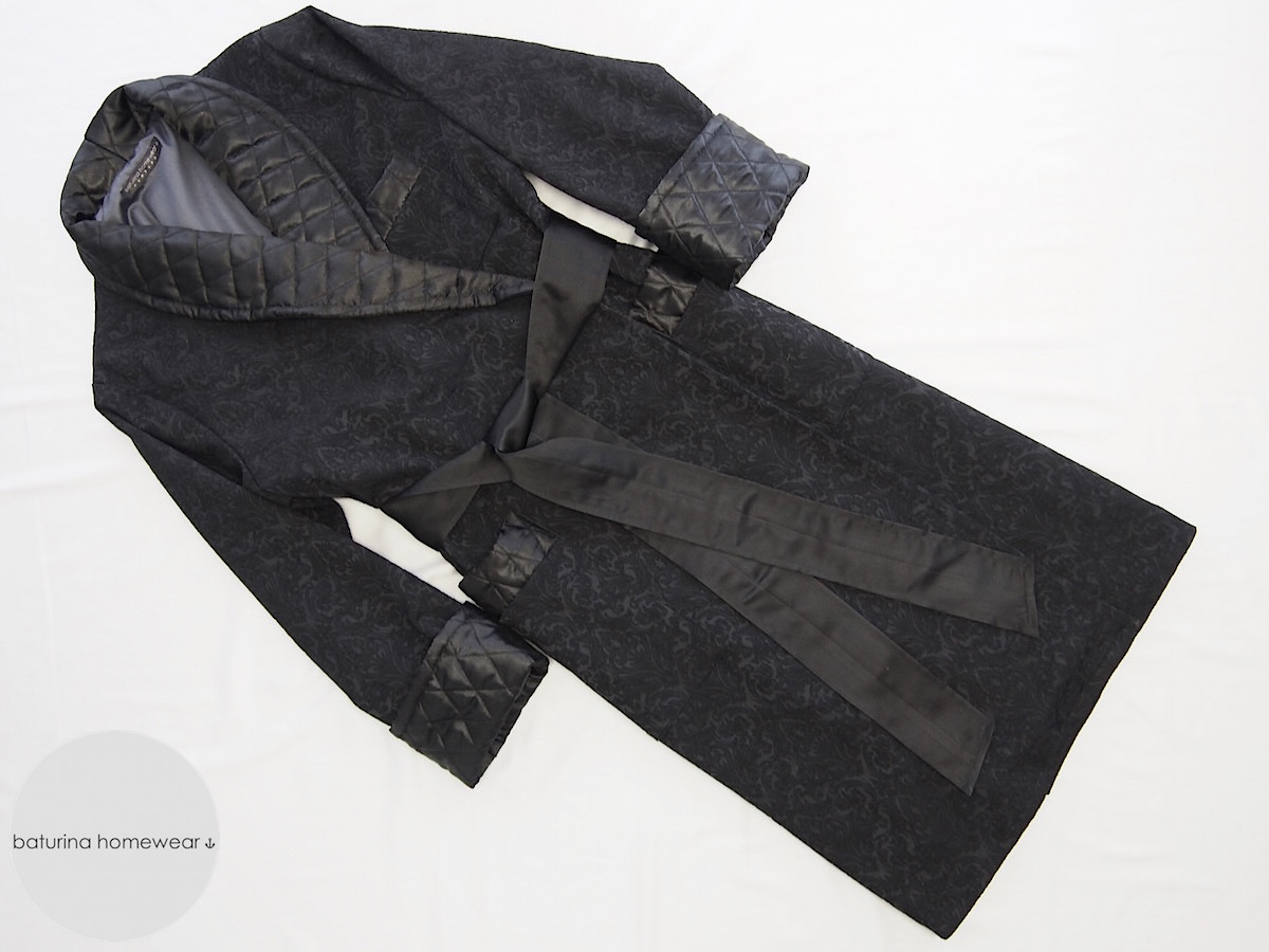 Quilted Black Jacquard Silk Men's Dressing Gown