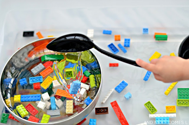 Fine motor water sensory play idea for kids using LEGO from And Next Comes L