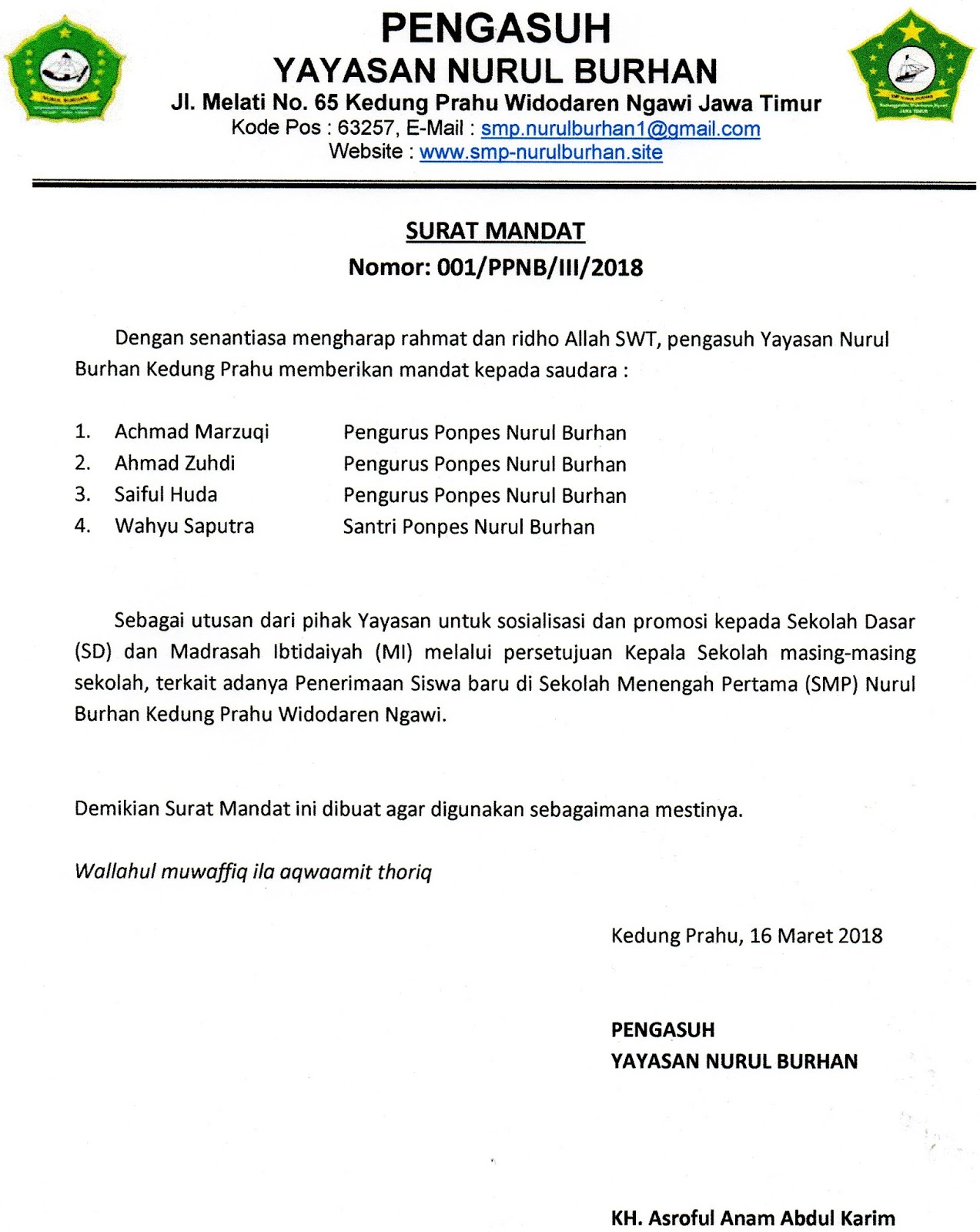 Surat Mandat Ppdb Smp Nurul Burhan Smp Nurul Burhan Kedung