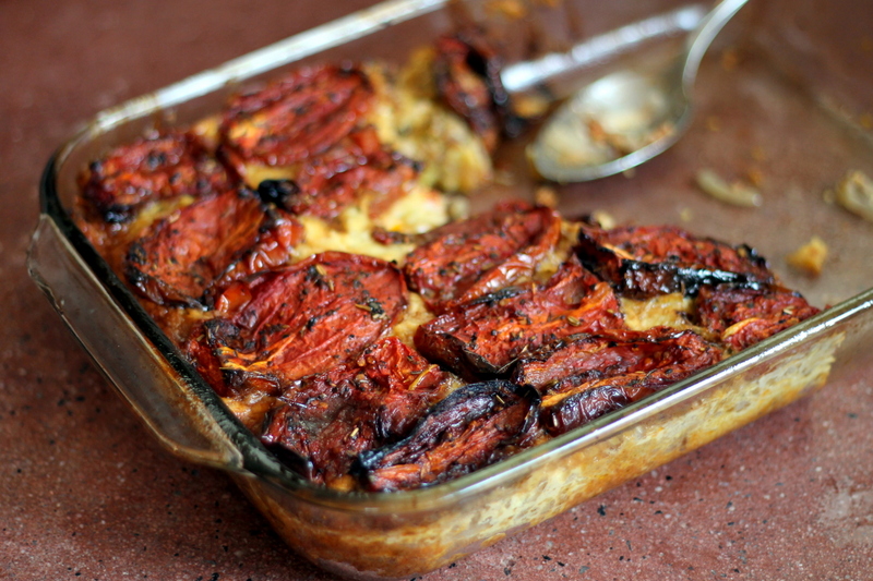 Jennifer Murch tomato bread pudding with caramelized onions and sausage