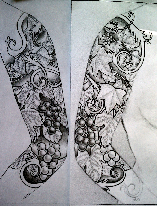 back and front of a sleeve design, graphite on printer paper, levels  title=