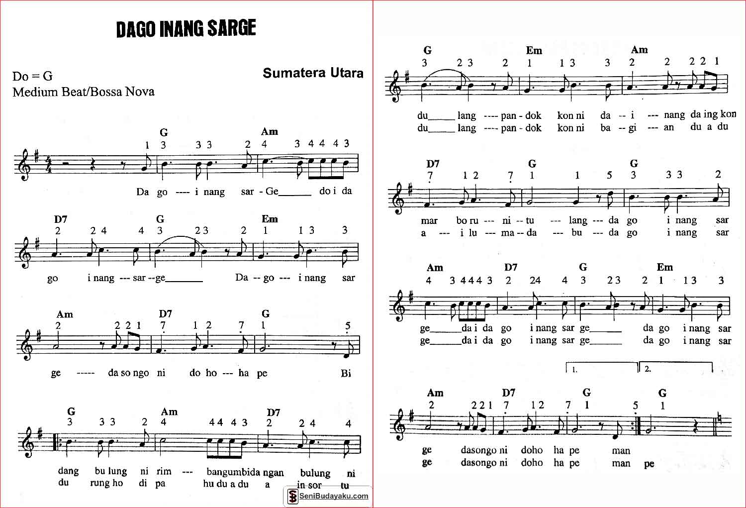 Lagu Daerah Beserta Notnya