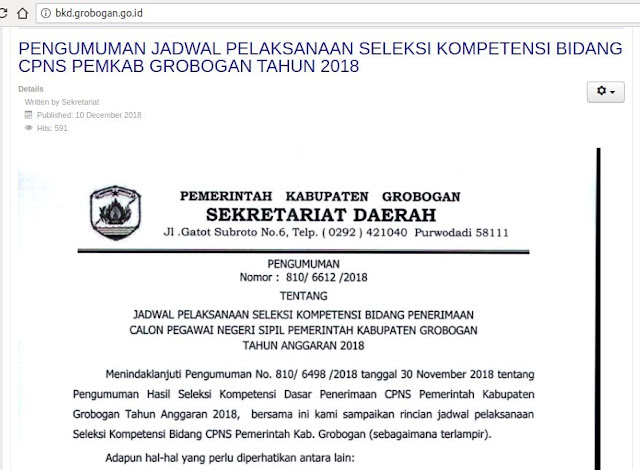 Jadwal Pelaksanaan Skb Penerimaan Cpns Pemerintah Kabupaten Grobogan 2018 Komunitas Smk Kabupaten Grobogan
