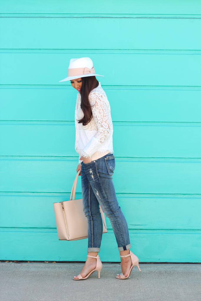 Sheinside white lapel hollow crop lace blouse Vigoss distressed skinny jeans Ily Couture crystal pearl burst necklace white with pink ribbon straw fedora hat Ann Taylor pebbled signature tote BP luminate sandals