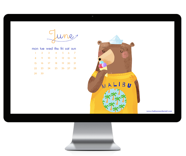 june 2015 free to download illustrated desktop wallpaper with a bear eating ice cream dressed with a yellow tshirt and a boat hat