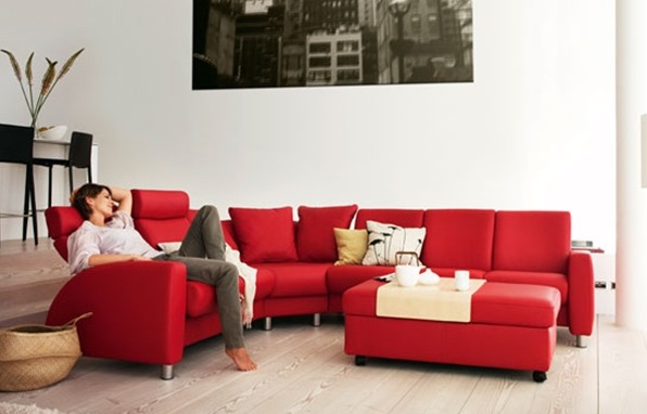 model sofa modern bentuk L warna merah
