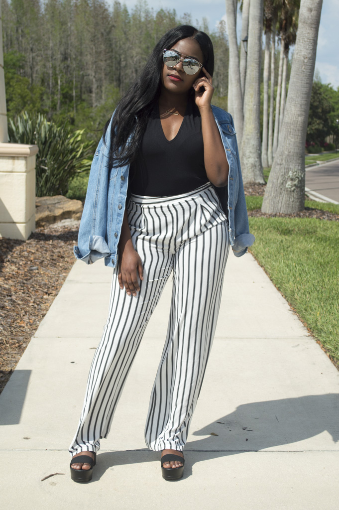 striped pants with denim jacket