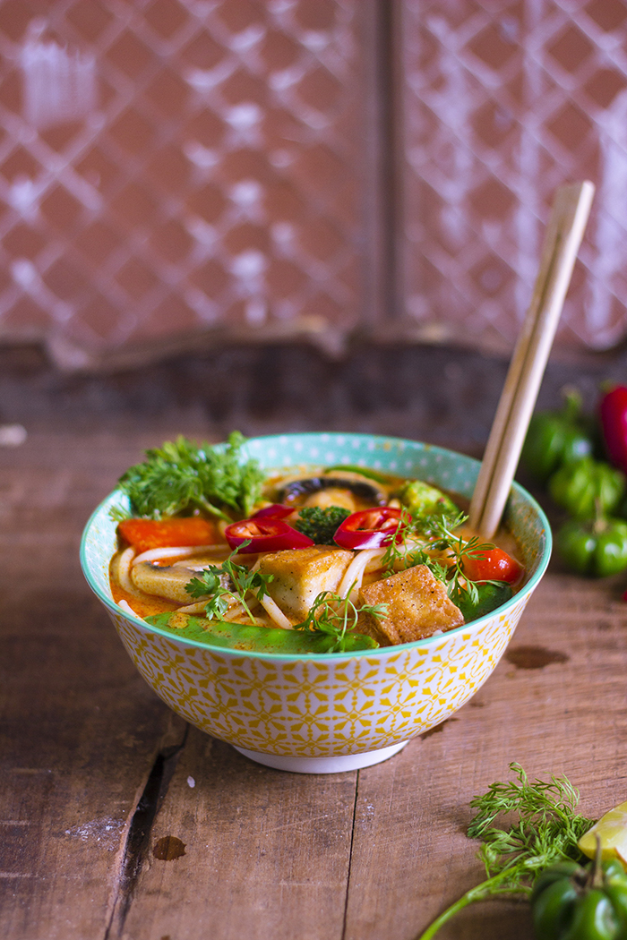 Malaysian Laksa Lemak or Curry Laksa. Vegan spicy asian noodle soup