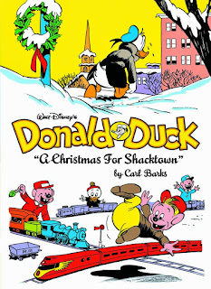 front cover of Donald Duck comic A Christmas in Shacktown showing two illustrations 