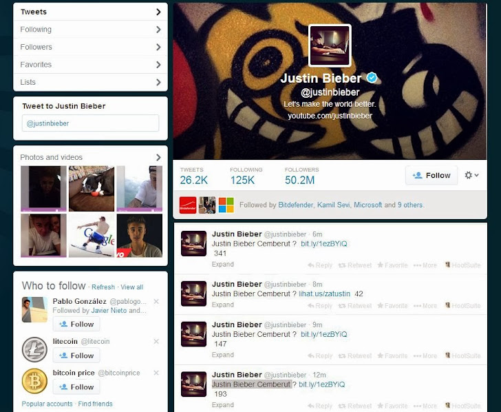 Justin Bieber Twitter account hacked, Spammed malicious links to 50 Million Followers
