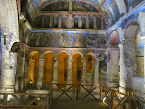 Interior of one of many Cappadocia churches; lack of sunlight prolongs and protects the frescoes.