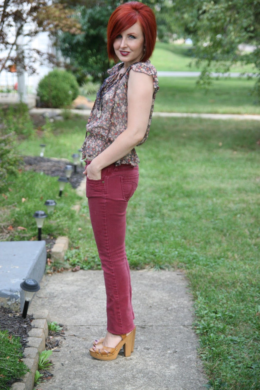 Thrift and Shout Cute Outfit of the Day Burgundy Jeans