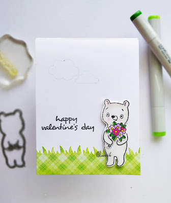 CAS card, Copic markers, die cutting, Hello blue bird stamps- Greeting bear, Copic colouring in white, cards by Ishani, Quillish, Valentines day card