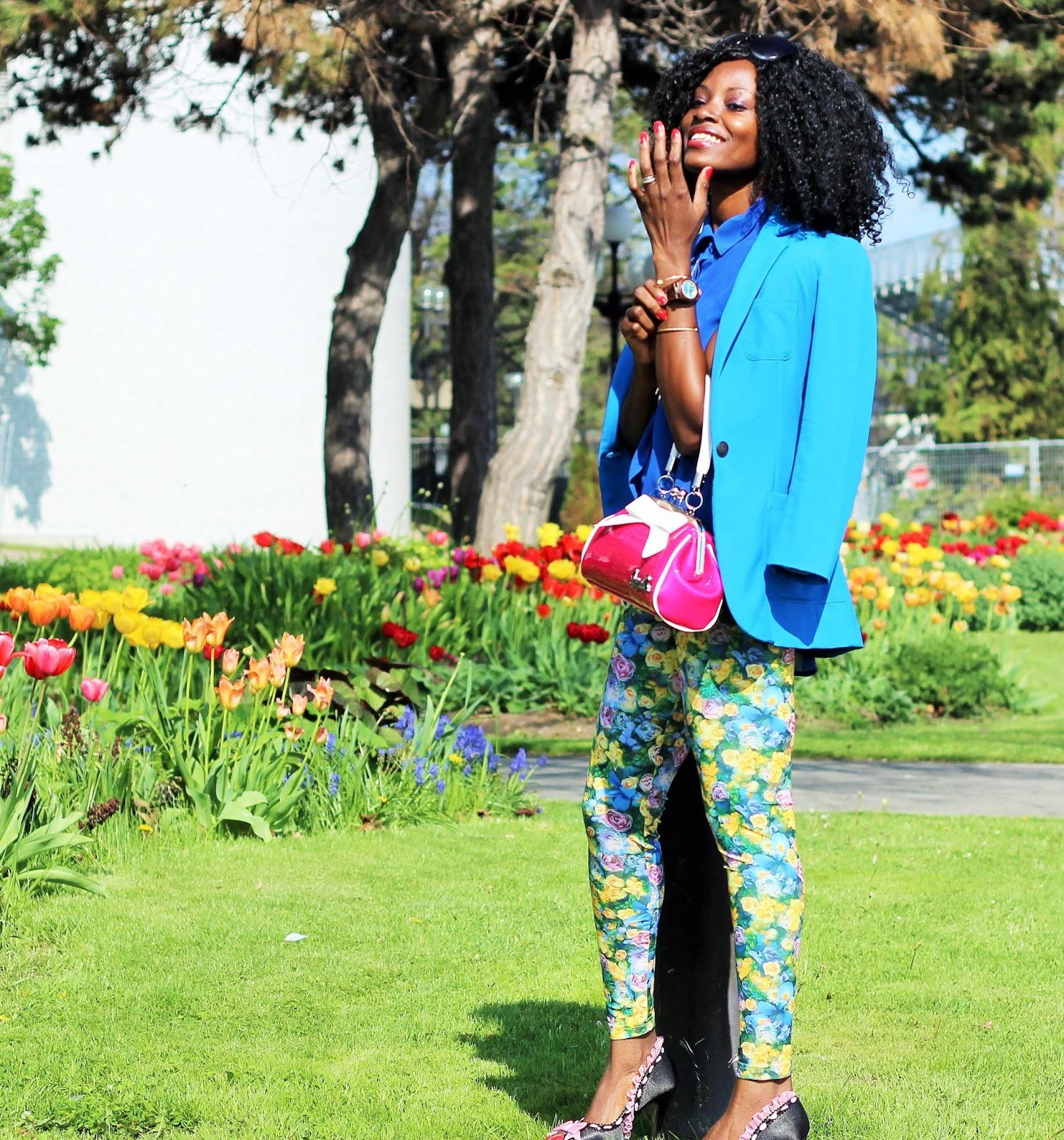 Blue Blazer styled with floral print pants by American Apparel