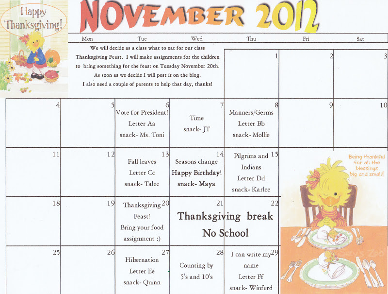 The Starting Line Preschool: November Calendar