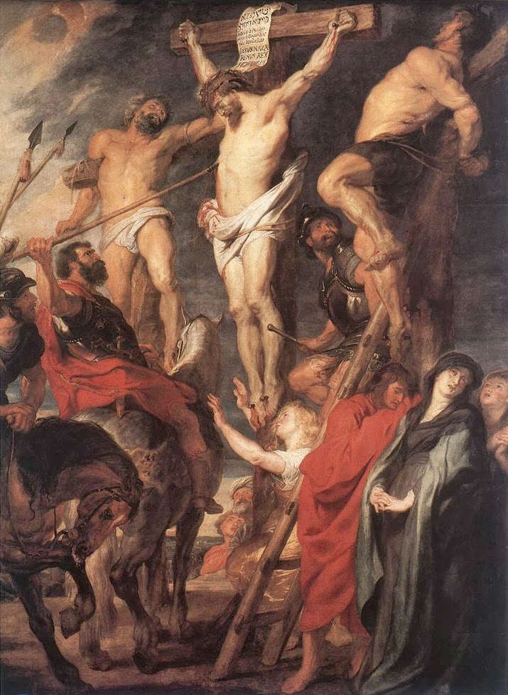 Jesus na cruz entre os dois ladrões. 1619-1620. Por Rubens, atualmente no Museu Real de Belas Artes de Antuérpia, na Bélgica.