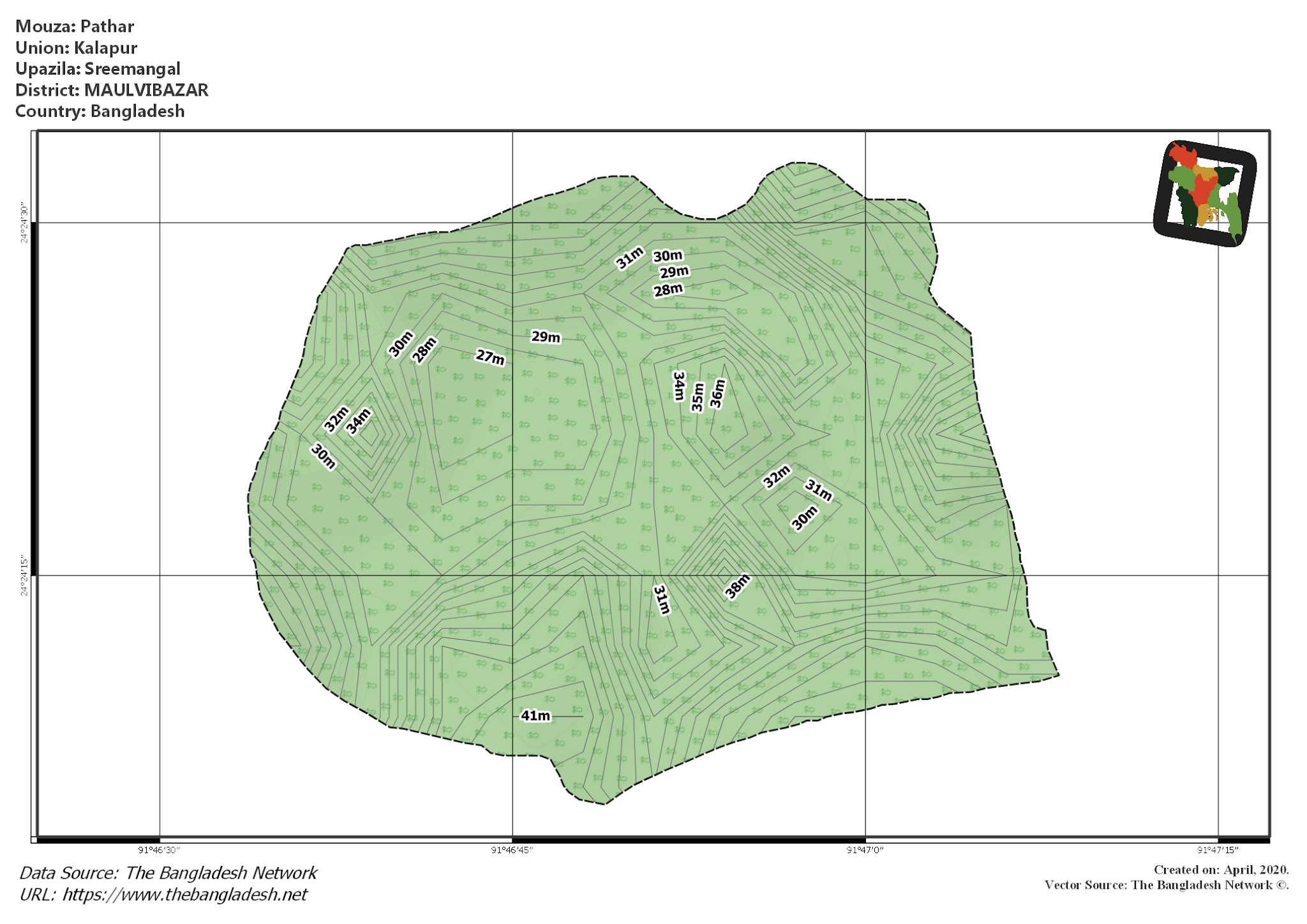 Map of Pathar Mouza of Sreemangal Upazila, MOULVIBAZAR, Bangladesh.