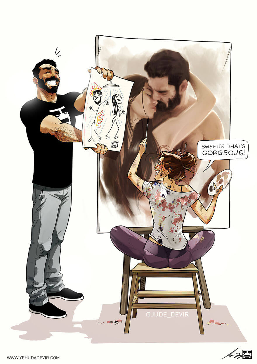 15 Artistic Illustrations Depict A Couple's Loving Everyday Moments - Everything I Can Do She Can Do Better!