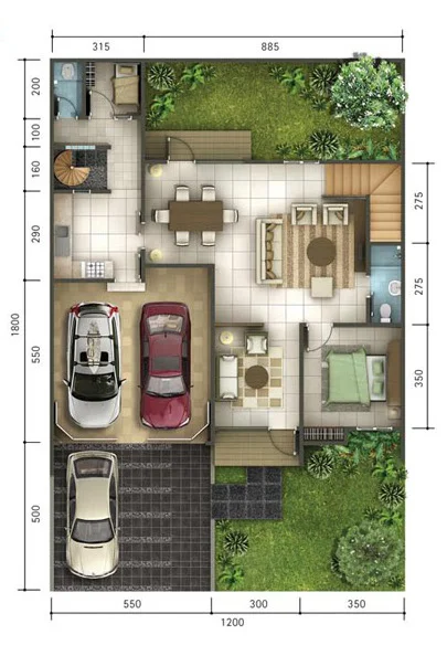 Denah rumah minimalis ukuran 12x18 meter 4 kamar tidur 2 lantai