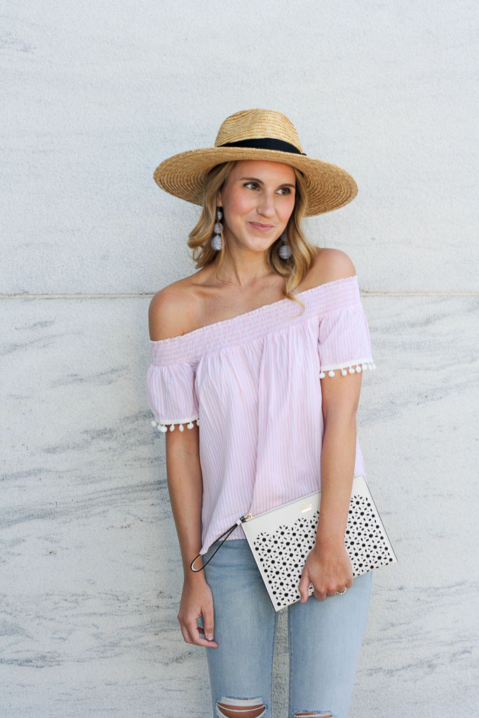 Striped off the shoulder top with pom trim 