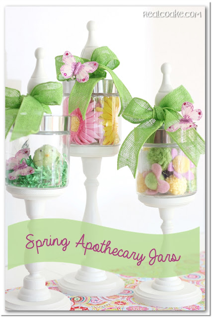 Spring decorating ideas using cute Apothecary Jars. #ApothecaryJars #Spring #Decorating