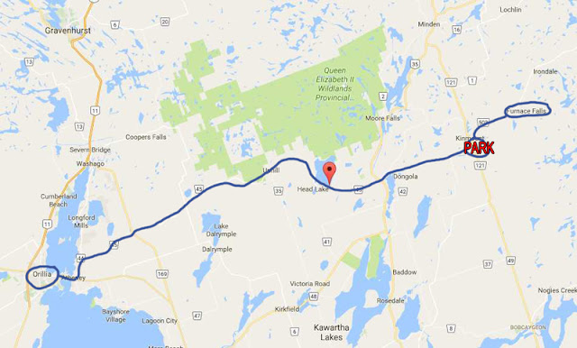 The simple route from Orillia, Ontario to Kinmount and Furance Falls.