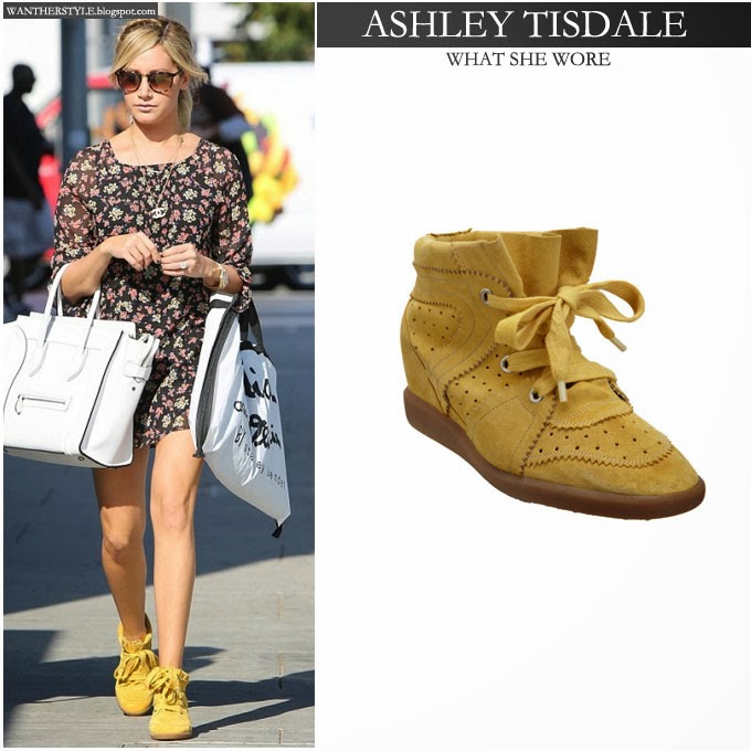 spredning sandaler menneskelige ressourcer WHAT SHE WORE: Ashley Tisdale in yellow suede wedge sneakers and floral  print dress in Beverly Hills on September 19 ~ I want her style - What  celebrities wore and where to