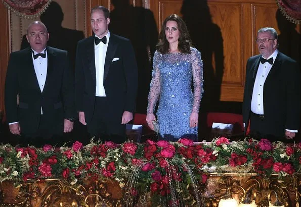 Kate Middleton wore Jenny Packham Gown, Oscar de la Rentacabrina pumps, Jenny Packham Casa Crystal clutch