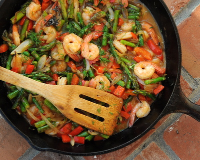 Stir-Fried Shrimp with Asparagus or other Fresh Summer Vegetables, another Quick Supper ♥ KitchenParade.com, just shrimp and your choices of vegetables tossed in an addictive sweet 'n' sour sauce. High Protein. Weight Watchers Friendly. Gluten Free.