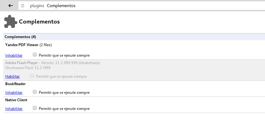 Habilitar Flas-PlugIn en Yandex Browser en Linux