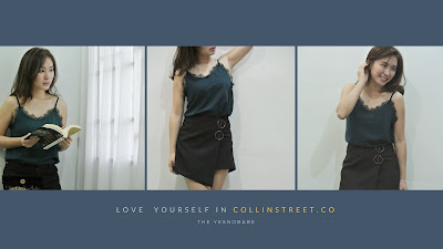 3 pictures of a girl in collinstreet.co top and skirt having photoshoot in her home studio