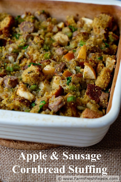 A cornbread stuffing with chunks of apple and turkey sausage along with sautéed celery and onions. 