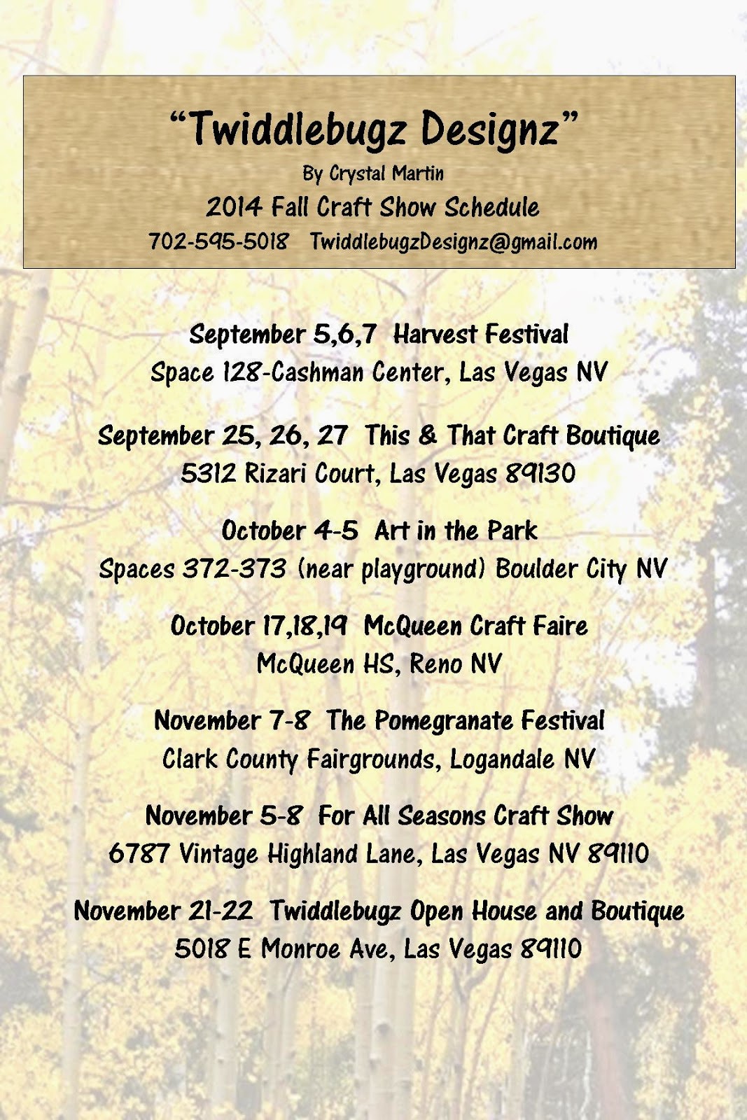 Twiddlebugz Designz 2014 Craft Fair Schedule