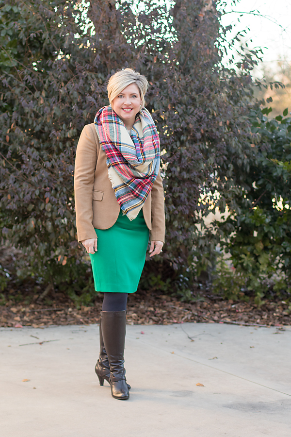 how to interject color in the winter, green pencil skirt, blanket scarf