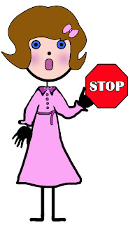 A stick figure girl in pink dress holding a stop sign.